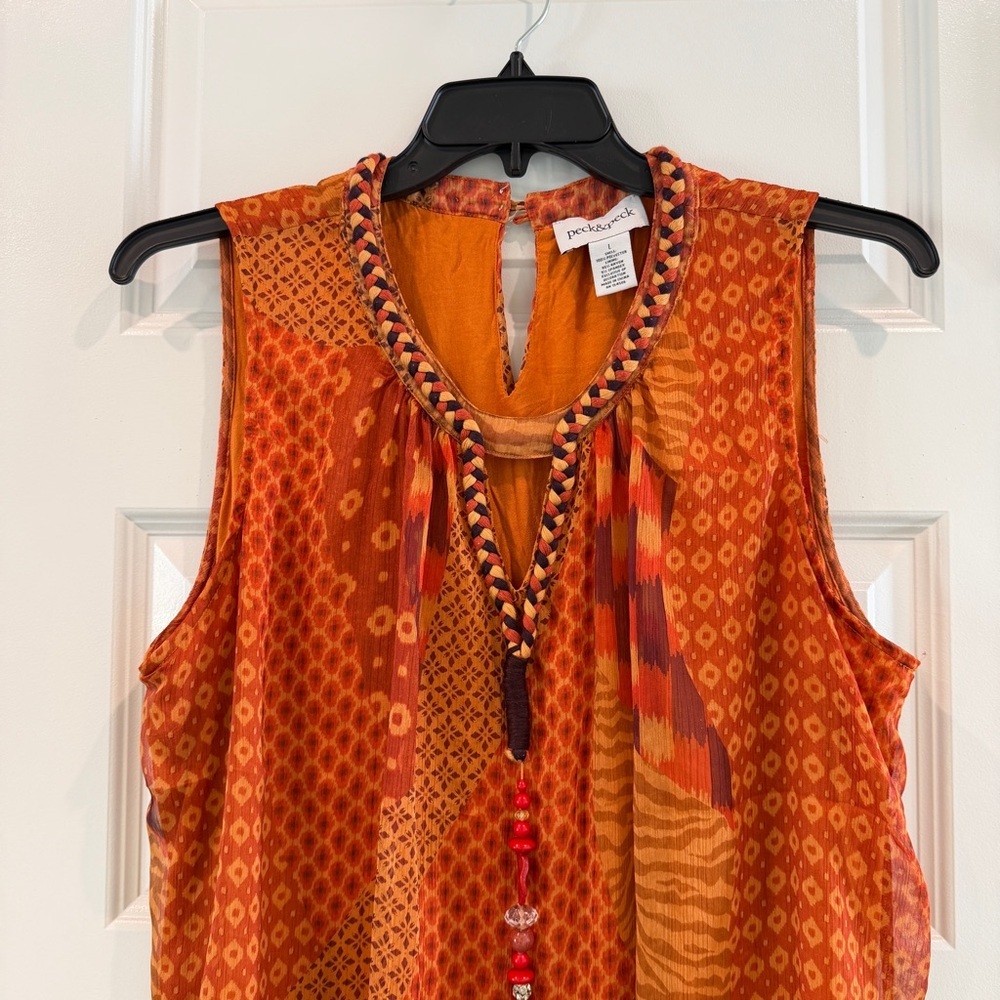 Peck&Peck Rust Orange Tunic Tank Top Sleeveless Tassel Bead Braided Neck sz L - Picture 2 of 12